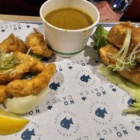 Tempura prawns, curry sauce and battered sausages at The No Catch Co in Brighton