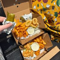 Vegan calamari, chips and tartare sauce. Vegan prawns, chips, and aioli 🌱💚  at The No Catch Co in Brighton