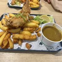 Vegan fish and chips and curry sauce   at The No Catch Co in Brighton