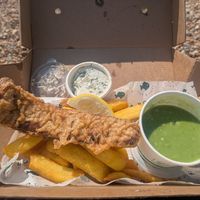 Regular tofish and chips, mushy peas, tartare sauce at The No Catch Co in Brighton