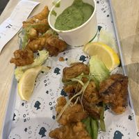Tofish bites, tempura prawns, mushy peas  at The No Catch Co in Brighton