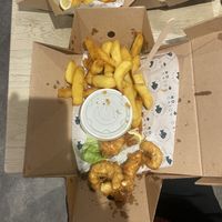 Tempura prawns, mush peas and chips  at The No Catch Co in Brighton
