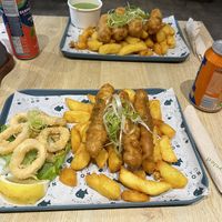 Cod goujons (near) and battered sausage   at The No Catch Co in Brighton
