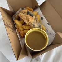 Regular ‘cod’ and chips with curry sauce   at The No Catch Co in Brighton