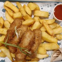 Large Battered Sausage and Chips (with Frank's Hot Sauce) at The No Catch Co in Brighton