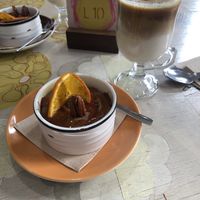 Chocolate ‘cake’ and iced latte with oat milk  at Miga de Nube in Mallorca