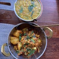 I’m sorry I didn’t take pictures of the other things we had - dumplings, chef’s salad and various types of bread. All great! Pictured here are the daal and aloo goobi.  at Hola India in Jaco