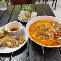 Crispy king mushrooms and mock spicy beef noodle… (the mock beef is tofu not gluten, delicious!)  at Viet Chay vegetarian cuisine in Toronto