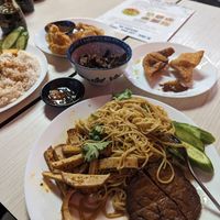 Noodles, ribs, lemongrass tofu, vegan bbq, crispy king mushrooms and fried wontons  at Viet Chay vegetarian cuisine in Toronto