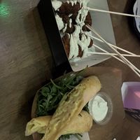 Oyster mushroom skewers vegan (mac and cheese spring roll- veggie)   at Common Market in Belfast
