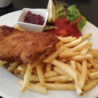 Soja Schnitzel nach Wiener Art mit Pommes at Dada in Regensburg