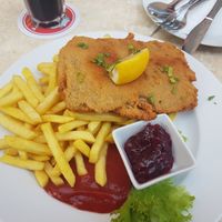 Vegan Cordon bleu with mountain of fries. at Dada in Regensburg