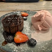Vegan chocolate cheesecake with vegan strawberry ice cream. Delicious    at Hooked  in Sligo