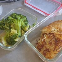 takeout breakfast side dishes on yom shishi (friday)! hash browns and broccoli. I bring my own containers! at The Miznon in Dimona