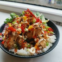 Crispy Salt and pepper tofu rice bowl at Bulls Head in Marple