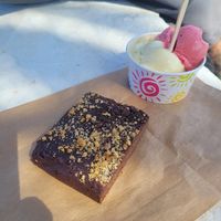 Brownie and fruit ice cream at Amiga Mia in Fuerteventura