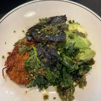 Sweet potato Rösti:) avocado,mushrooms instead of eggs, greens and smoked almond pesto ! Bloody delicious!!   at Park Beach Cafe in Dodges Ferry