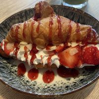 Red dream croissant: tasty filling and topping, but the croissant wasn’t crispy. It reminded me of pre-packaged croissants.  at Copper Branch in Utrecht