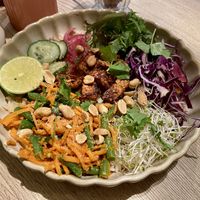 Inspiring Indonesian bowl: a bit bland, a small portion and expensive (€16,90)  at Copper Branch in Utrecht
