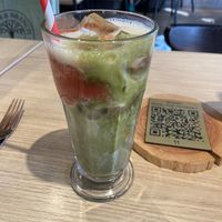 Iced strawberry matcha latte with soy milk. It tastes standard.  at Copper Branch in Utrecht