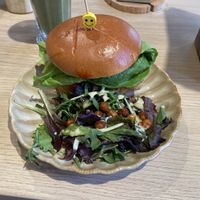 Impossible burger with ‘chicken’ patty and in Korean style.  Tasty, but spicy  at Copper Branch in Utrecht