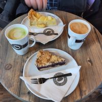Apple and blueberry pies, matcha latte, and flat white. (all vegan) at Espresso House - Hbf in Gottingen