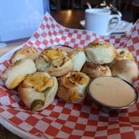 Pickle and "cheddar" dough bites at Seitan's in Edmonton