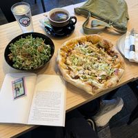 Mint tea, kale chicken salad and Big Mac Pizza! All delicious!!   at Seitan's in Edmonton