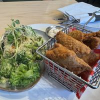Fried chickun box with garlic broccoli   at Seitan's in Edmonton