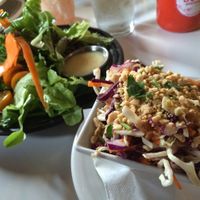 house salad with habanero vinaigrette & asian slaw with thai peanut sauce, i mix these together in other pic, black bean jalapeno chili in background at Spice of Life in Hamilton