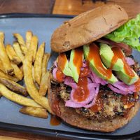 Vegabond burger with fries stolen off my husband's plate at Twisted Root Burger Co in Mansfield