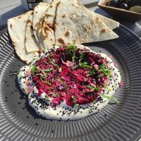 Flatbread, beetroot hummus, vegan mayo, Nigella seeds! at Sono Matseljur in Reykjavik