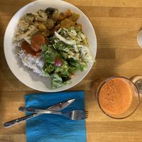 Daily set and freshly pressed carrot juice  at Vega in Warsaw