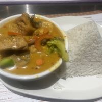 Absolutely yummy golden curry with fried tofu, vegetables served with rice! 😋💚  at Salad King - Yonge in Toronto