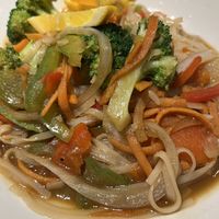 Hot Thai noodles vegan. Used a lot of the chili oil that was on the table to perk these up. Loved that the broccoli was still crisp and fresh.   at Salad King - Yonge in Toronto