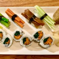 Veggie Sushi Set - Top row: Oshinko (Pickled radish), asparagus, pickled carrot, Kampyo (pickled pumpkin), cucumber, Inari (fried tofu roll), Popeye roll. at Kabuki in Centerville
