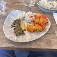 Wine leaf filled with rice, potatos, hummus and baba ganoush  at Lebanese Please in Weybridge