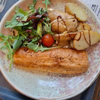 Vegan Sausage Roll with mixed leaf salad, cold garlic potatoes and balsamic glaze at Synge & Byrne in Londonderry