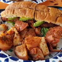 Sausage Po Boy and Cajun Potatoes  #Veganuary at Meals From The Heart Cafe in New Orleans
