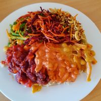 Selection of curries and salads at Three Pillars Cafe in New Plymouth