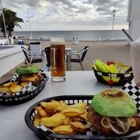 Burgers, beer and cheesecake milkshake (already ate all the onion rings so no photo of those) at El Gecko Veggie in Lanzarote