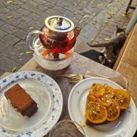 Mosaic cake, orange and almond cake and some Turkish tea at Vacilando in Istanbul