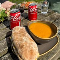 Humous and red pepper panini, kids beans on toast and my breakfast panini & butternut squash and chilli soup  at Dales Bike Centre in Reeth