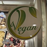 Big vegan sticker on glass case at Valentino Ledai in Klaipeda