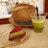 Raw Matcha Cake and a celery, lime, cucumber juice. at Sweet Republic Hvar in Hvar