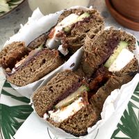 Vegan bagel with olive paste and vegan feta  at Merry Berry in Thessaloniki