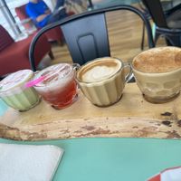 Coffee flight with 2 coffees, a matcha, and a lotus drink   at Cafe de Stir It Up in Fairbanks