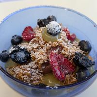 Moroccan mint tea flan, chocolate mousse, ginger syrup and berries at DAR Restaurant & Cocktail Bar in Zurich