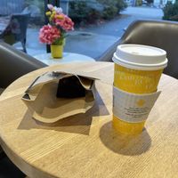 Vegan brownie and coffee with oat milk at Blenz Coffee in Richmond