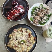 Berry pancakes (top), gluten-free falafel bowl (middle), and gluten-free pesto gnocchi (bottom)  at iNput in Ankara